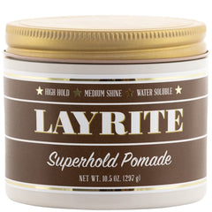 Layrite Super Hold Pomade jar showing product and vanilla scent for high-hold styling.