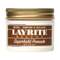 Layrite Superhold Pomade orange jar close-up for high hold styling