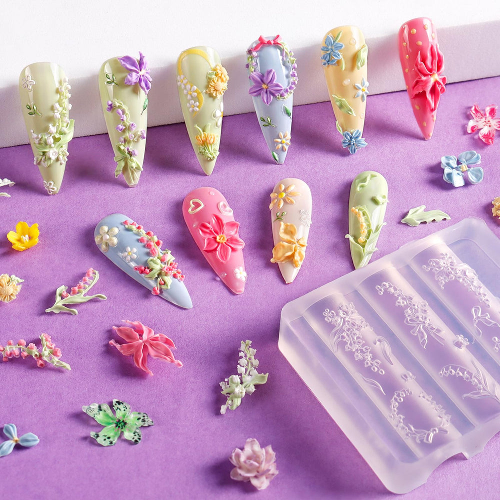 Laza 3D flower-pattern molds highlight varied shapes for creative nail embellishments.