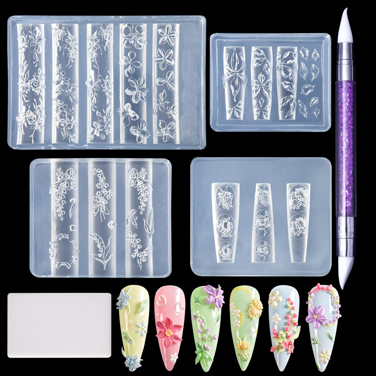 Laza 4pcs silicone nail art molds offer precise 3D flower designs for salon nails.