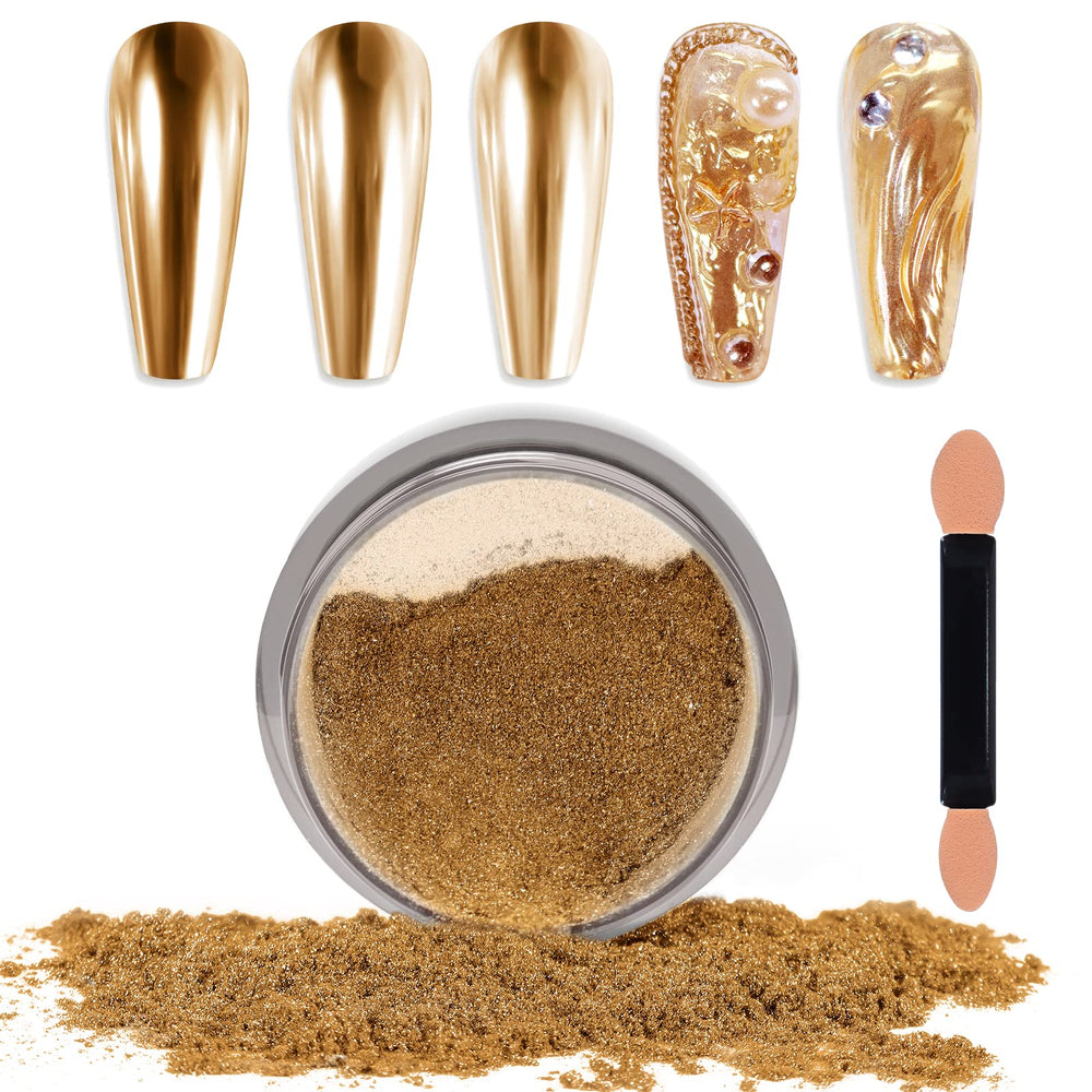 Laza Chrome Nail Powder Gold jar-front showcases premium pigment for radiant mirror finish.
