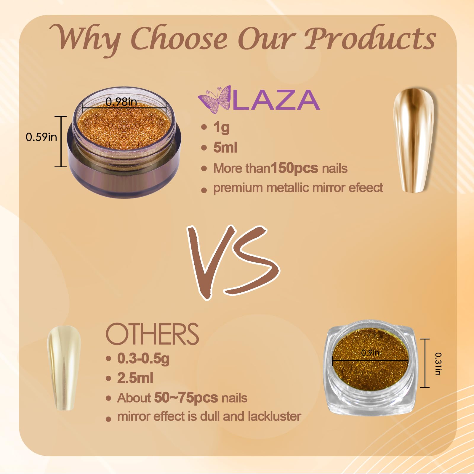 Laza Chrome Nail Powder Gold on nails demonstrates glossy chrome effect on UV gel or natural nails.