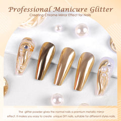 Laza Chrome Nail Powder Gold powder-closeup reveals ultra-fine, non-grainy texture for sleek shine.