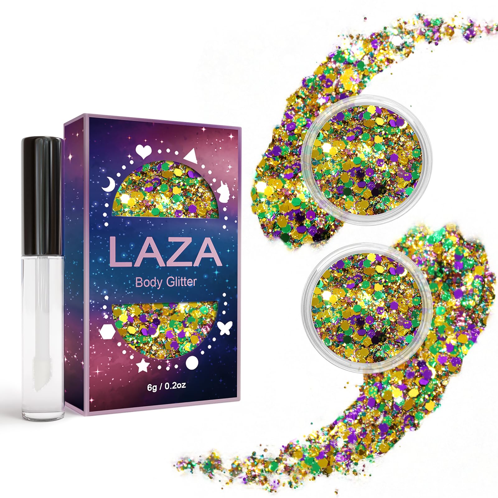 Laza Mardi Gras purpurina para el cuerpo, brillo festivo para la piel