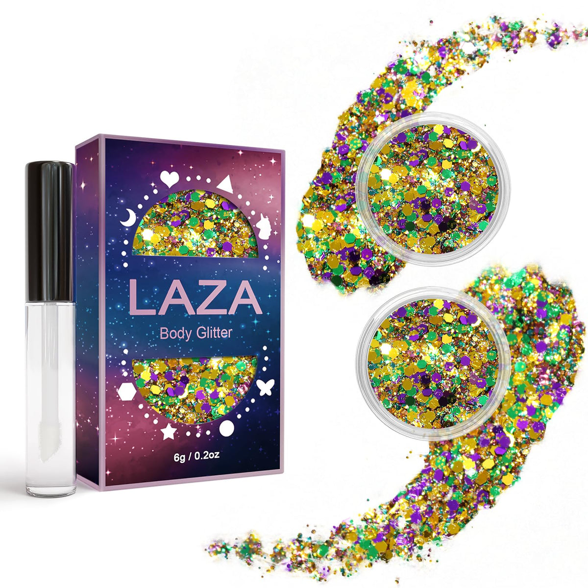 Laza Mardi Gras purpurina para el cuerpo, brillo festivo para la piel