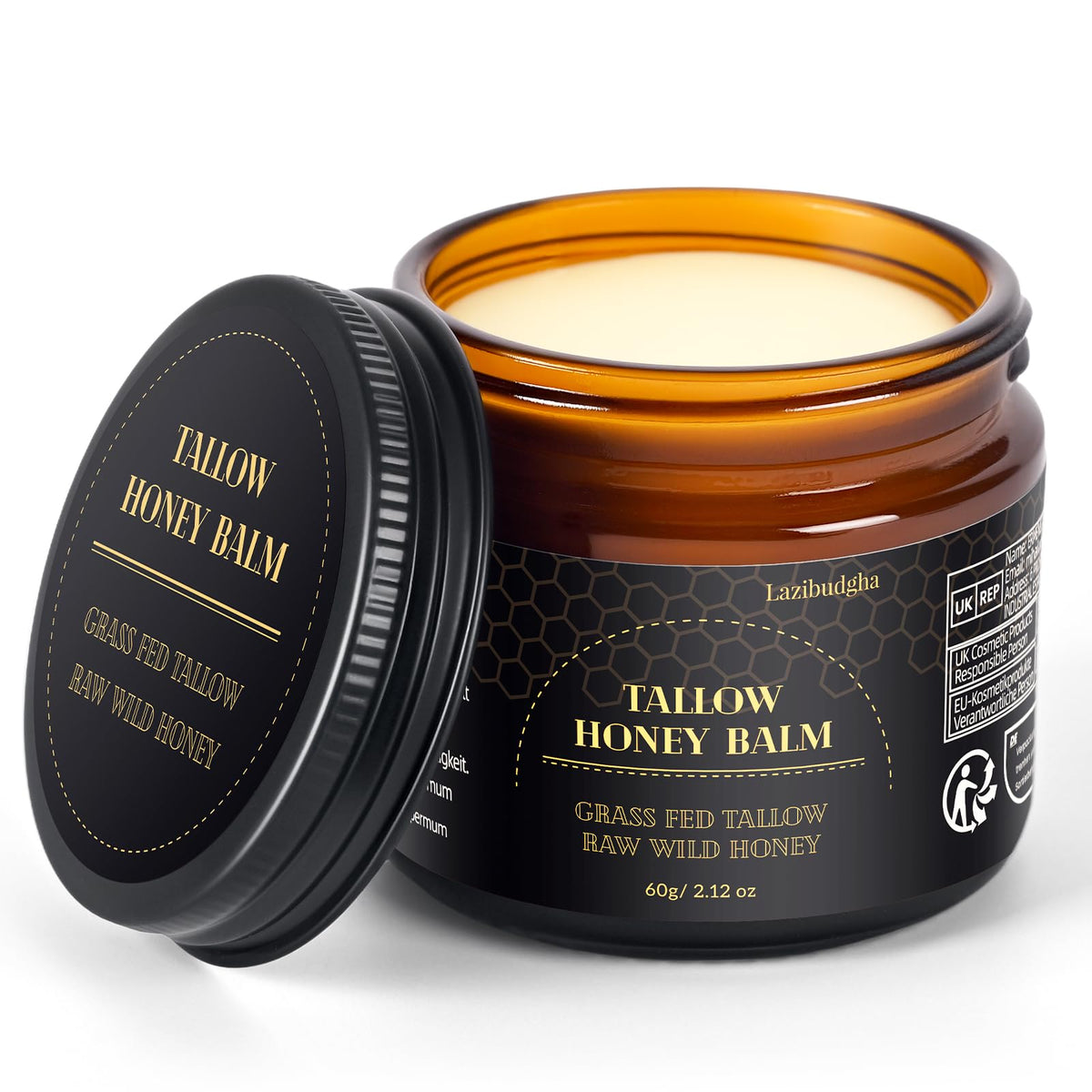 Lazibudgha beef tallow face balm shows creamy texture for deep facial moisture.