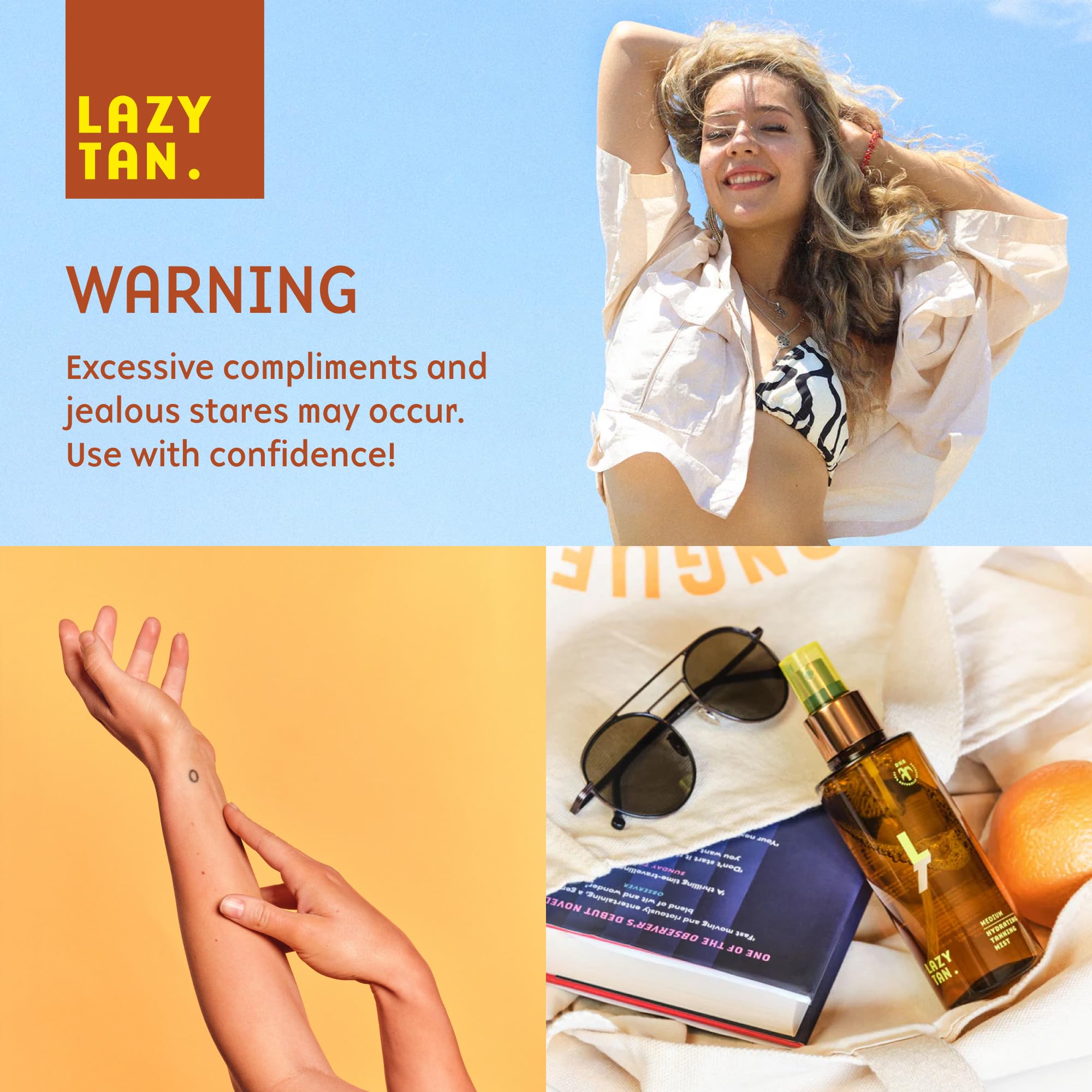 Lazy Tan Face Tan Mist bottle on vanity with sun-kissed glow.