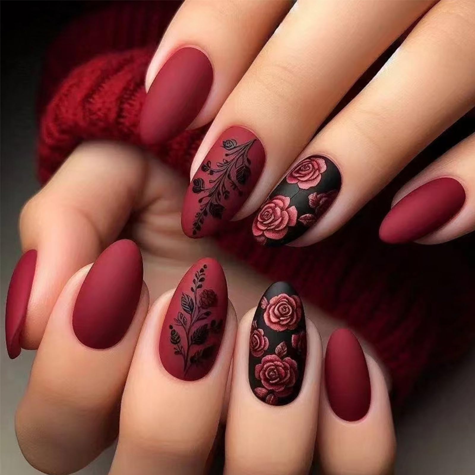 LBPEPAMZ uñas postizas rojas con rosas negras para un look romántico