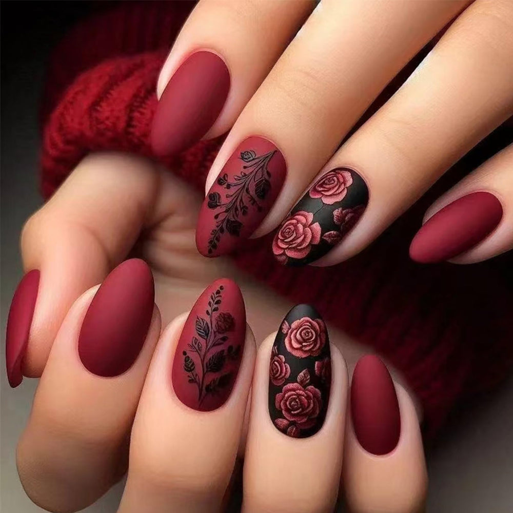 LBPEPAMZ uñas postizas rojas con rosas negras para un look romántico