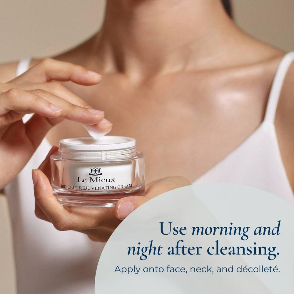 Le Mieux Bio Cell cream being applied to face and neck for everyday care.
