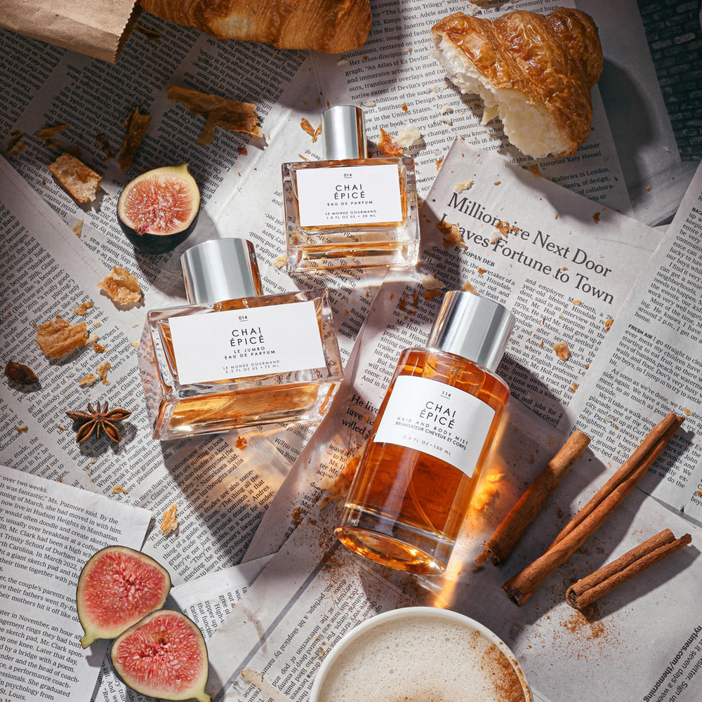 Le Monde Gourmand Chai Épicé packaging closeup emphasizing vegan and cruelty-free credentials.