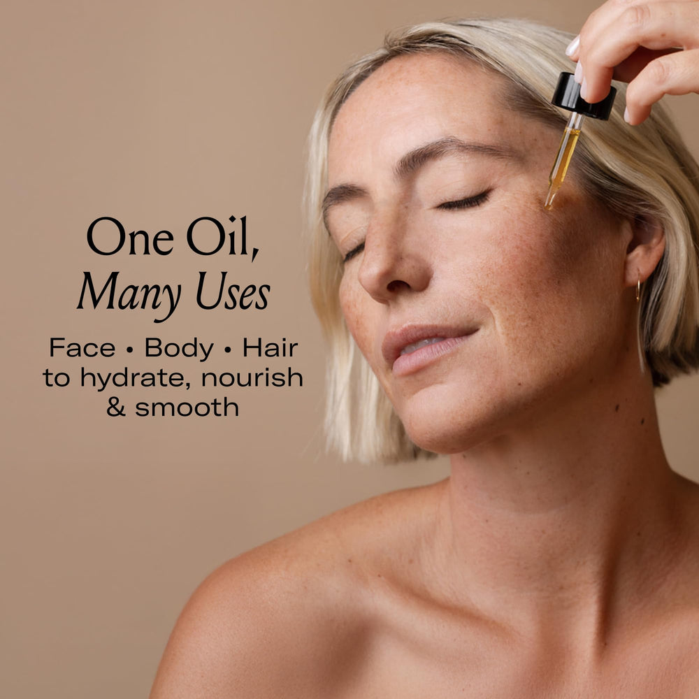 Evening routine shot showing a soft glow after massage with Oil.