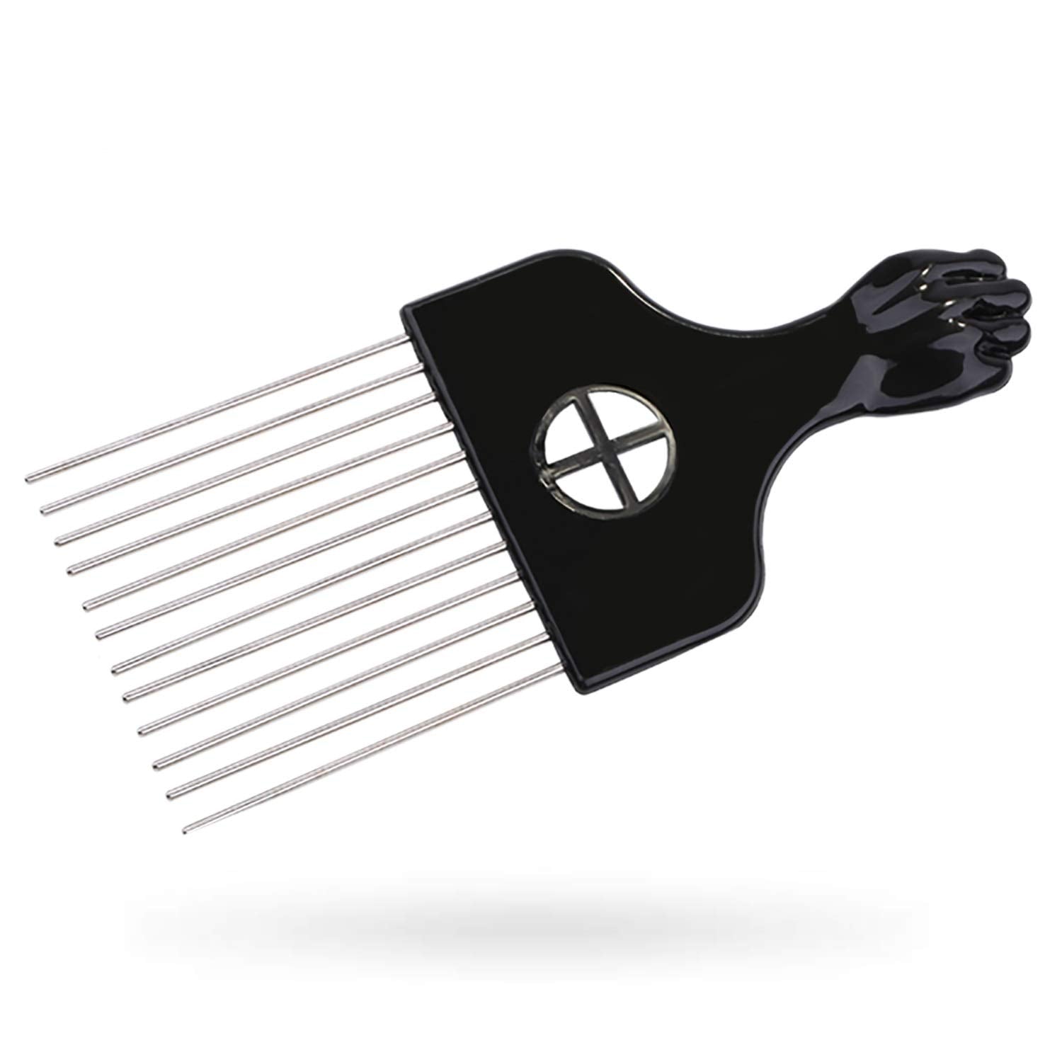 LEADUWAY hair pick with metal teeth close-up for detangling.
