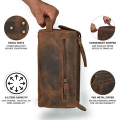 LEATHER VILLAGE toiletry bag open compartments show inner pockets