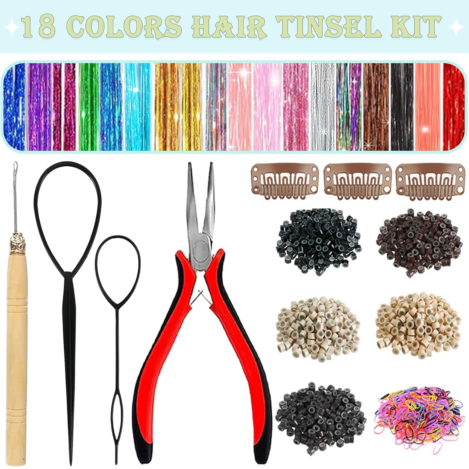LEDIZE Hair Tinsel Kit crochet tool included for easy application.