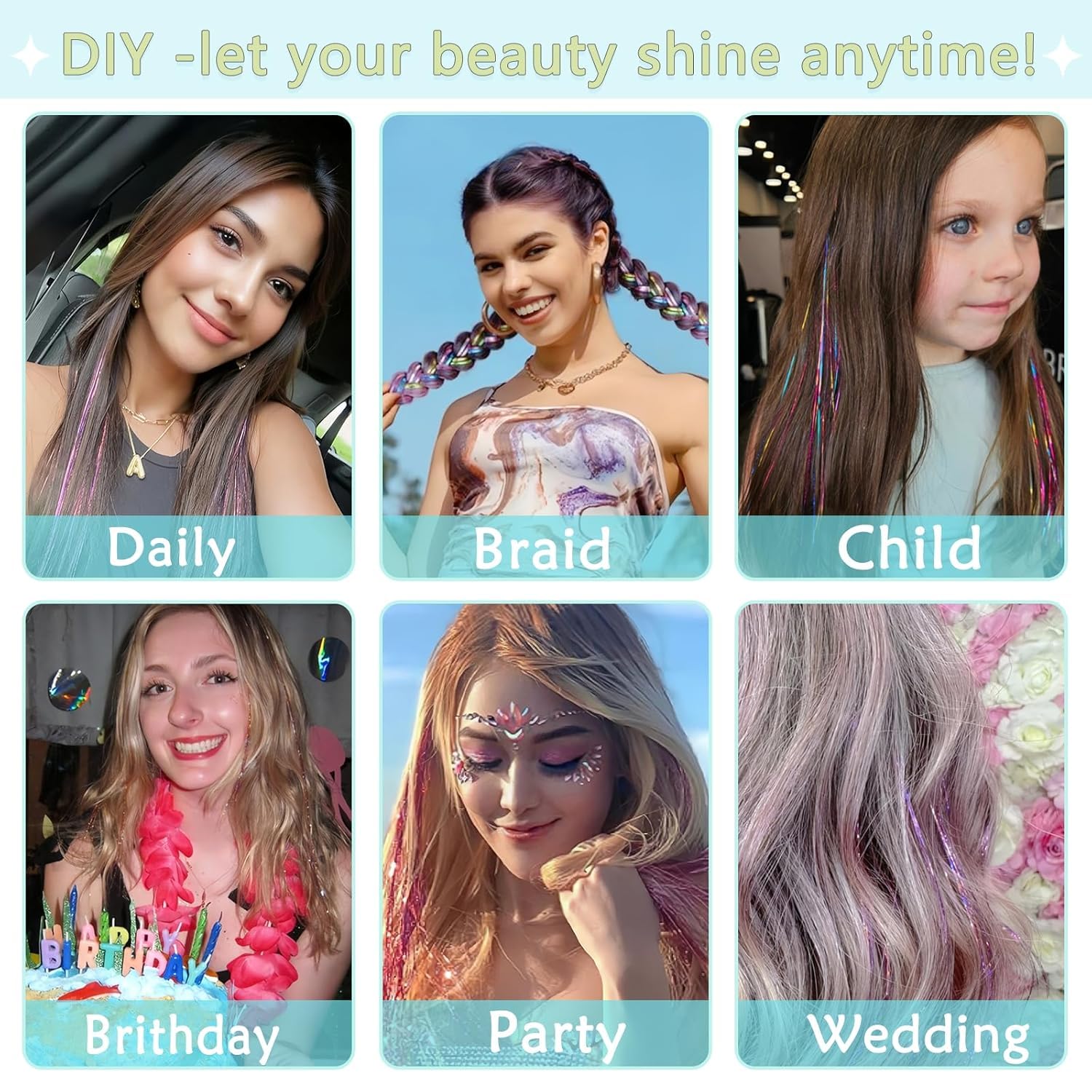 LEDIZE Hair Tinsel Kit rainbow colors for playful, expressive styles.