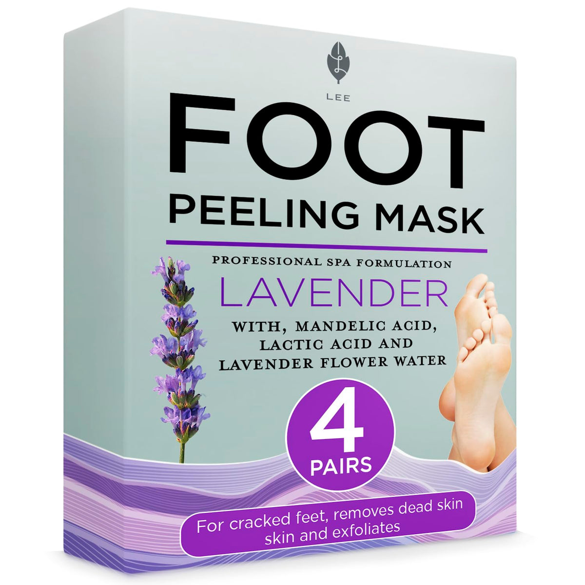 Lee Beauty Foot Peel Mask 4-pack packaging for easy at-home foot care.