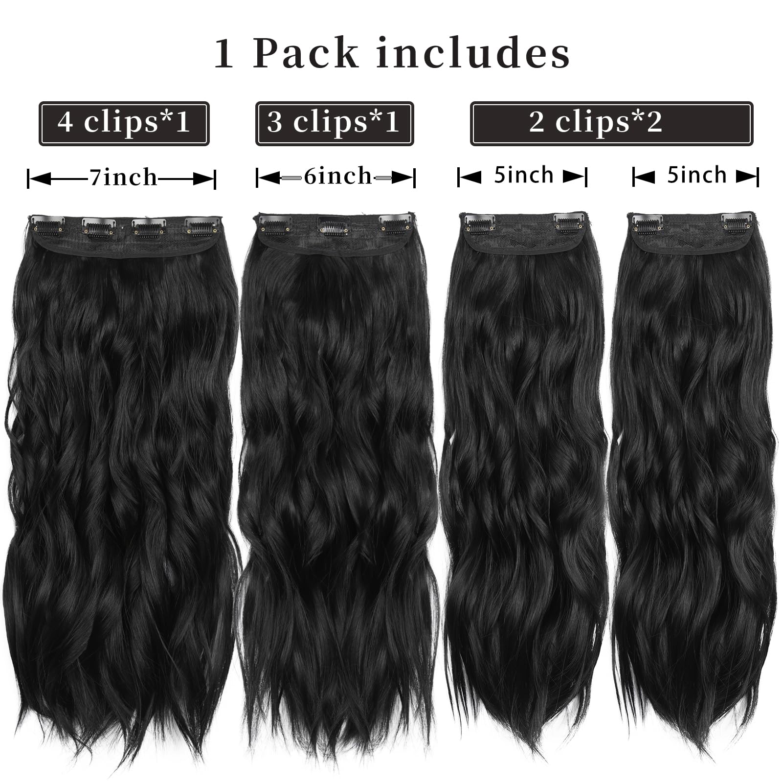LEEONS black 20-inch thick hairpiece clip-in construction detail offers secure hold.