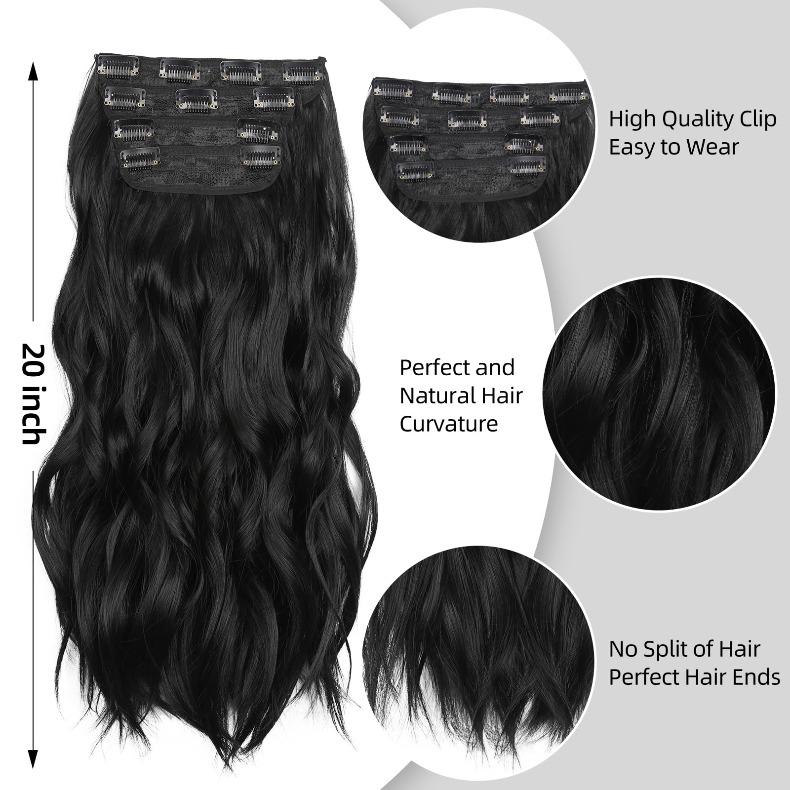 LEEONS black 20-inch clip-in assembly demonstrates easy 4-piece set.