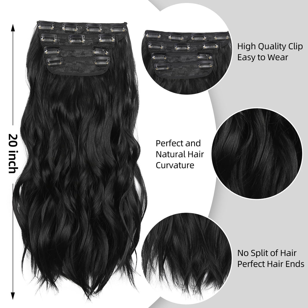 LEEONS black 20-inch clip-in assembly demonstrates easy 4-piece set.