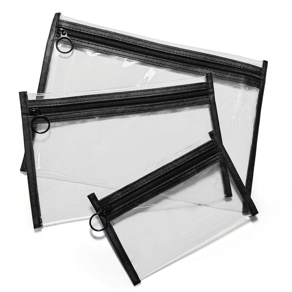 Leevanoo clear makeup bags 3-pack front view, easy travel organization.