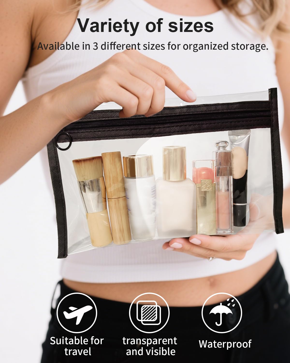 Leevanoo clear makeup bags 3-pack zipper detail, secure closure for cosmetics on the go.
