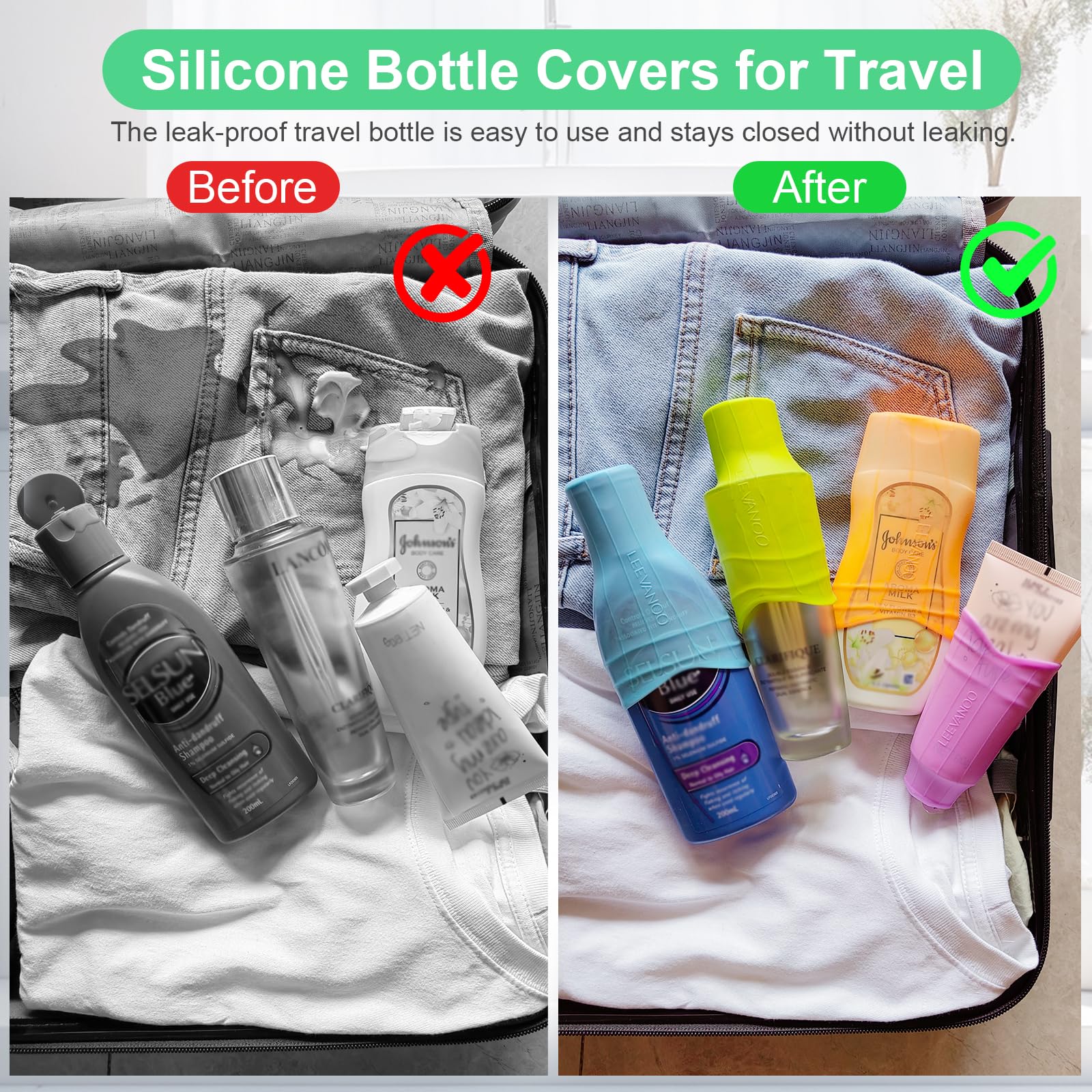 Leevanoo silicone bottle covers, food-grade material keeps toiletries secure