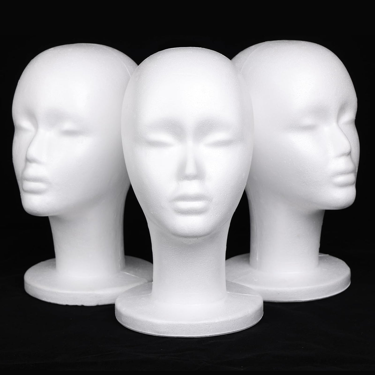 Leeven 3-pack foam wig head front view for versatile wig displays.