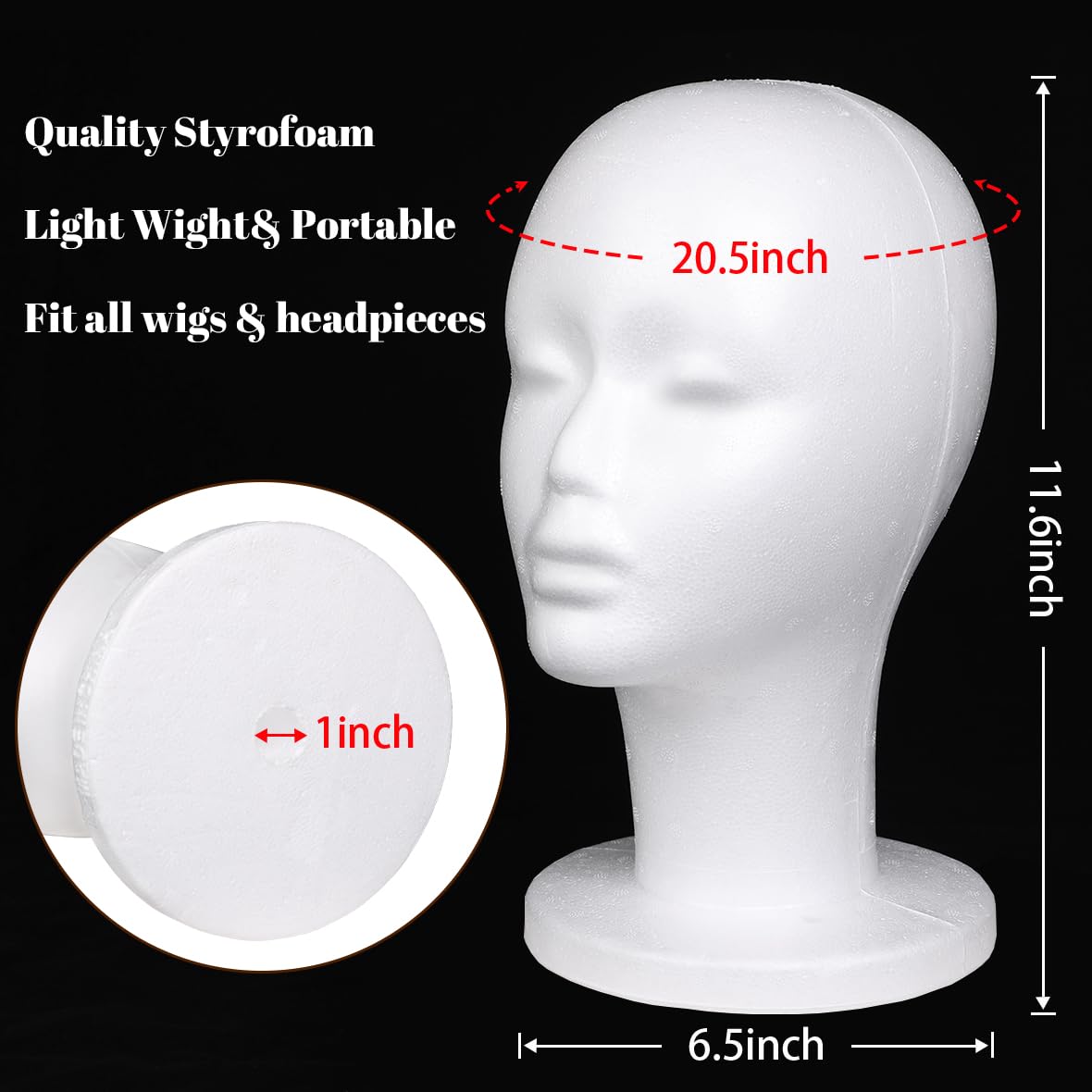 Leeven foam wig head dimensions show 29cm height.
