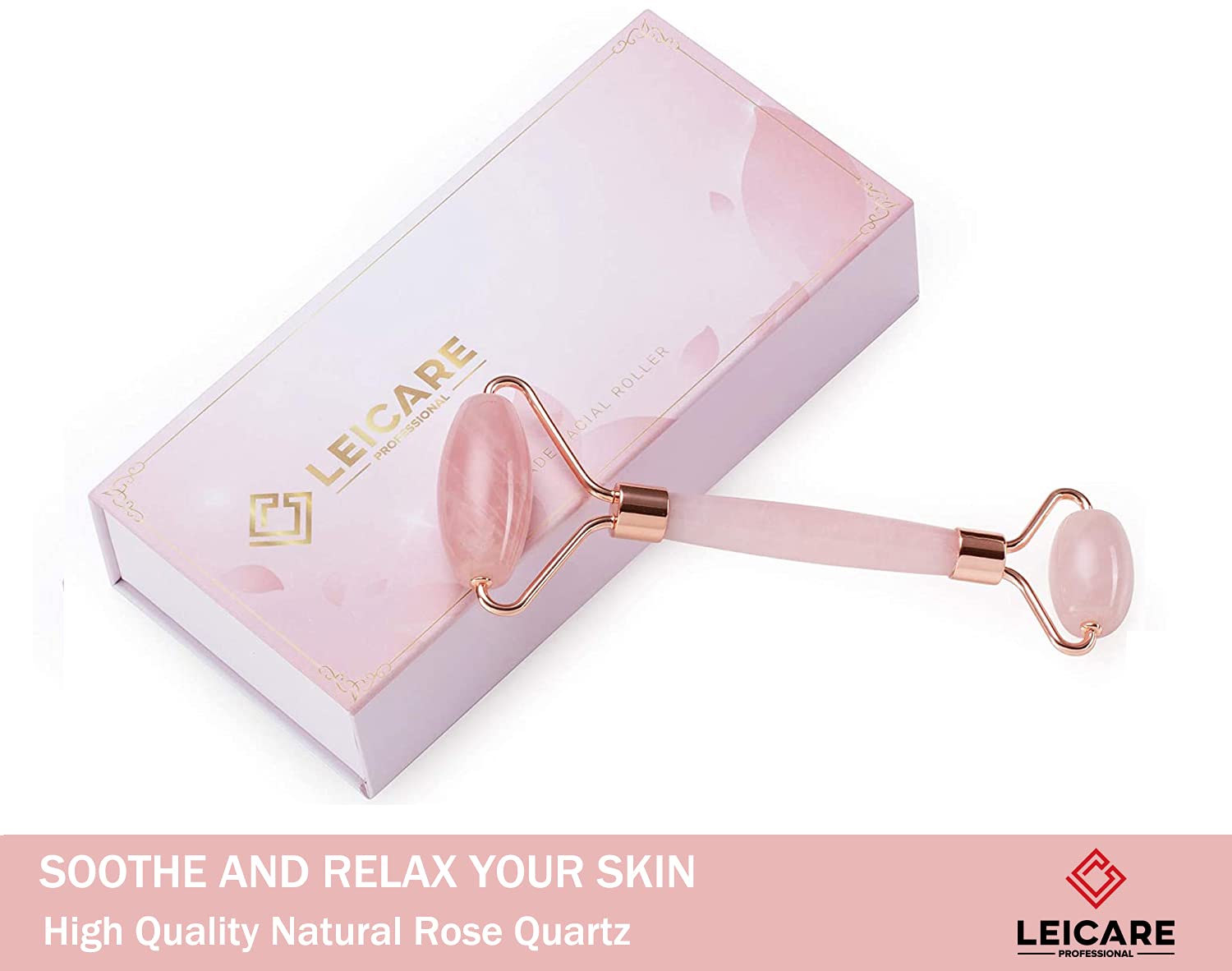LeiCare rose quartz under-eye roller reduces puffiness for refreshed eyes