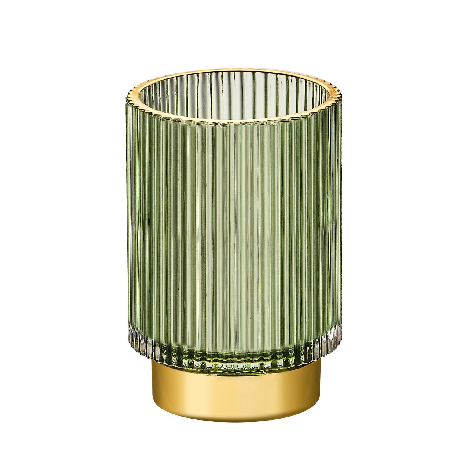 LEICURACE makeup brush holder with striped glass and gold base for chic organization.