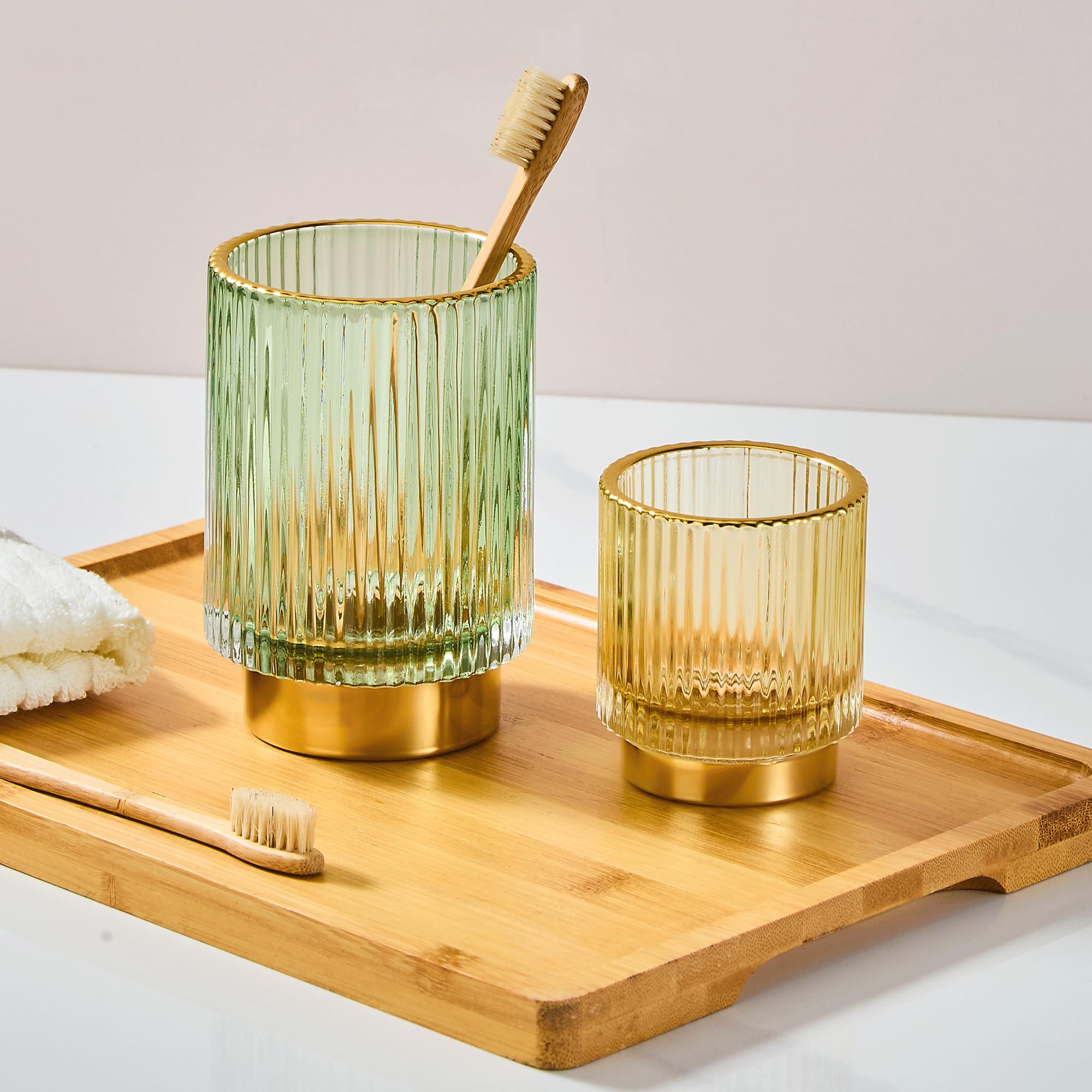 LEICURACE toothbrush holder with vintage glass and gold rim for attractive bathroom storage.