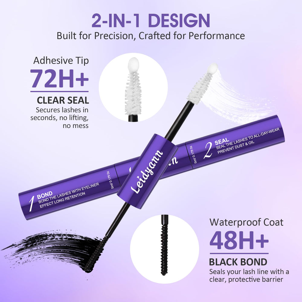 Leidyann lash bond-seal 2-in-1 in use for durable lash clusters.