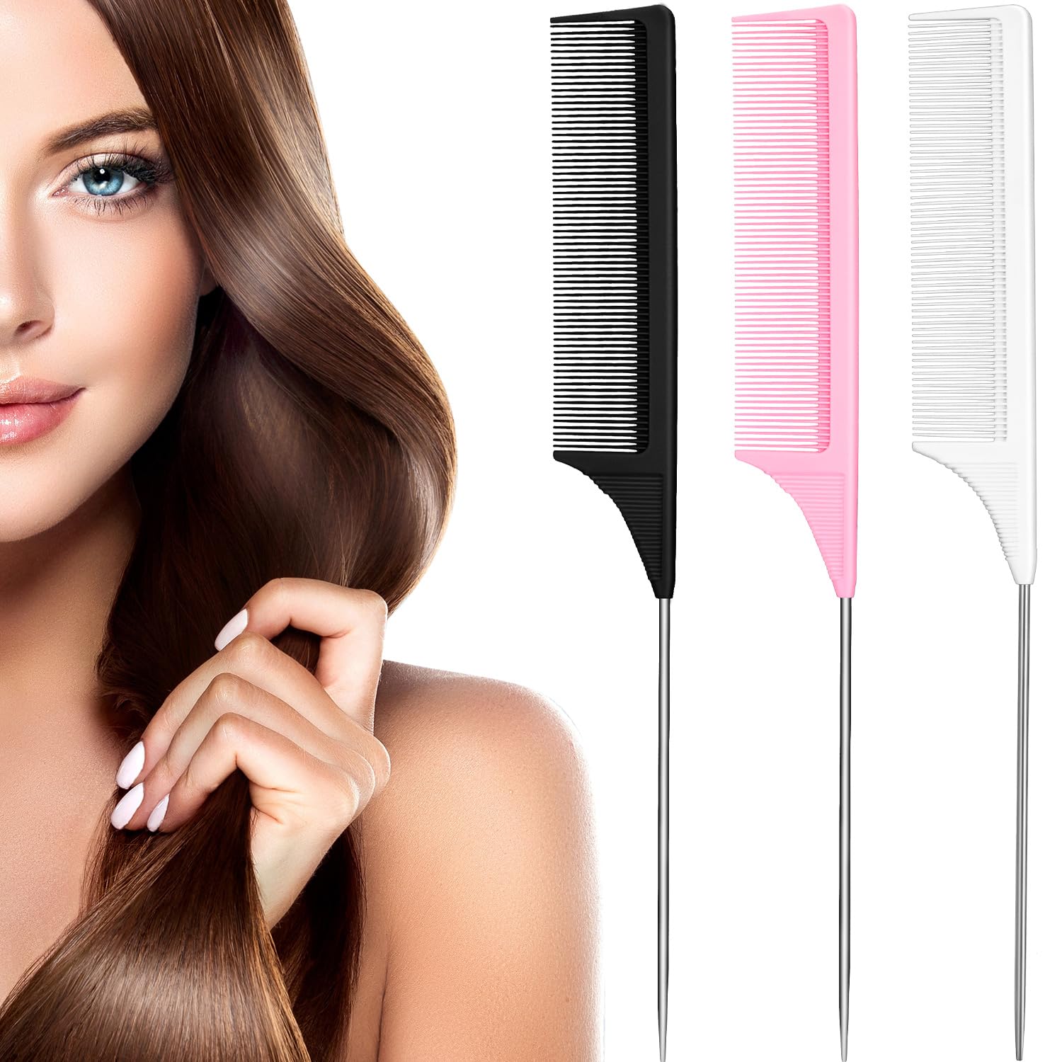 Leinuosen rat-tail carbon fiber comb in black with pintail for precise parting and detangling.
