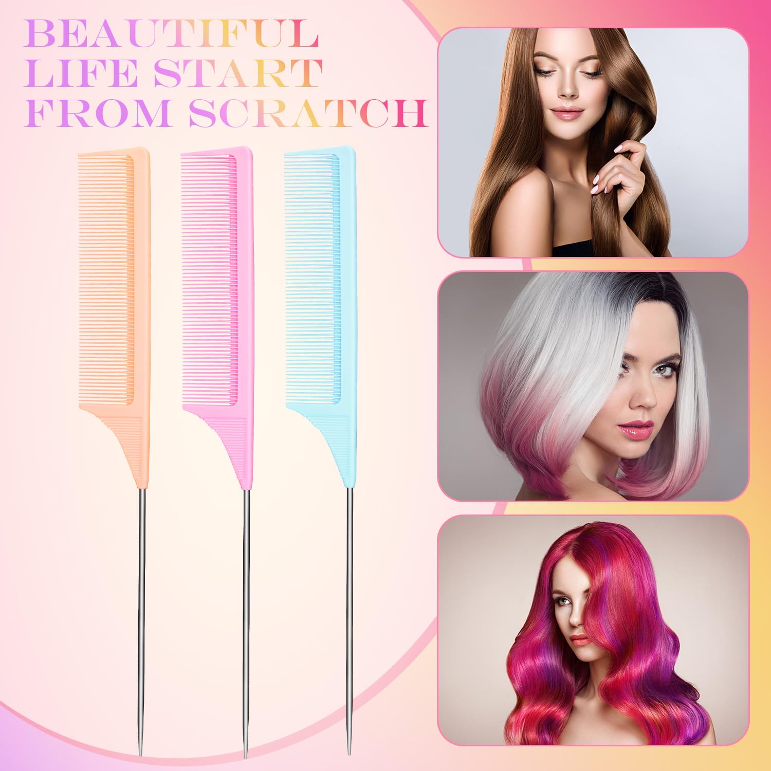 Leinuosen rat-tail comb in light purple for salon-ready teasing and lift.