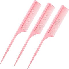 Leinuosen pink rat tail comb front view for quick parting and volume