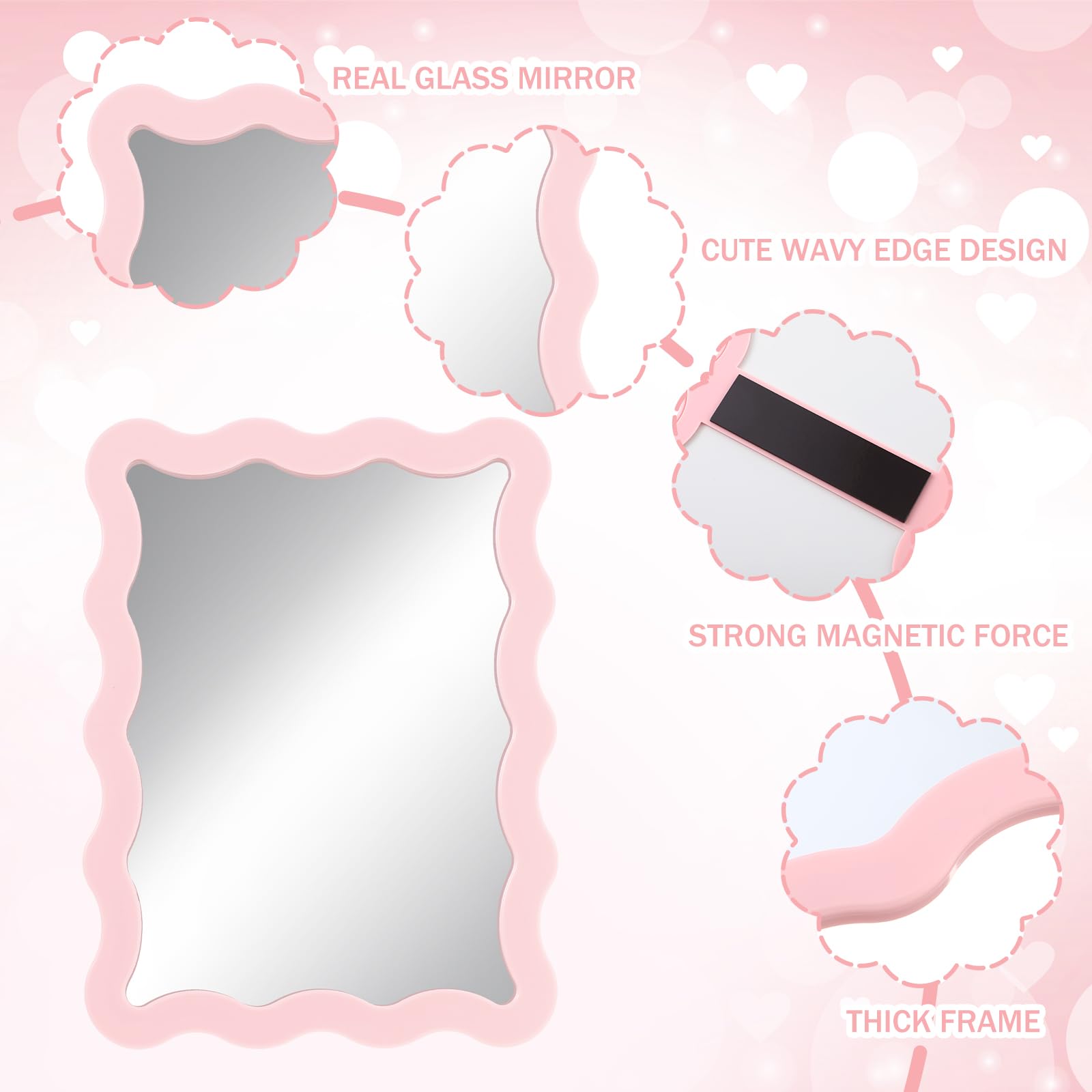 Magnetic back keeps the compact pink mirror secure on metal lockers and surfaces.