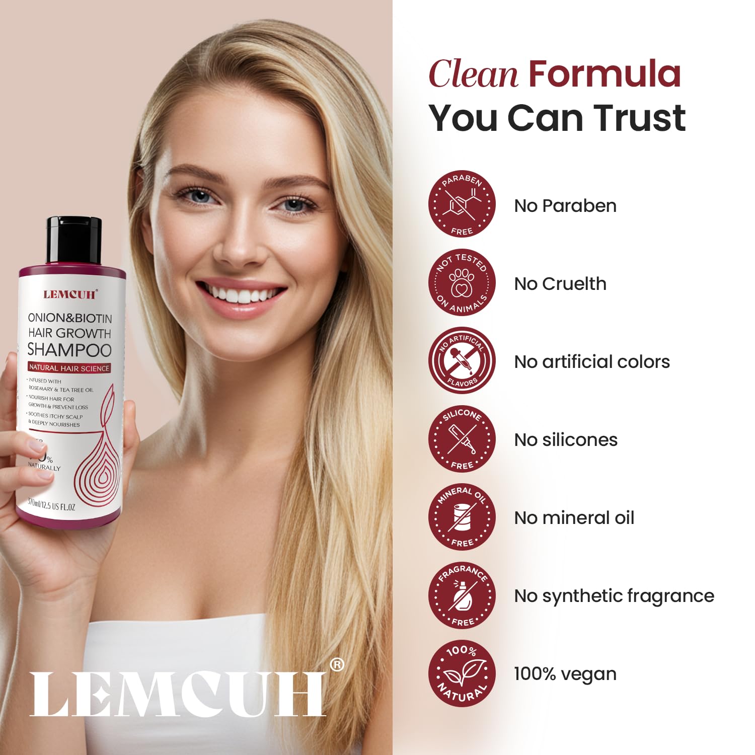 Lemcuh Champú Romero con Cebolla y Biotina, empaque y diseño listos para la rutina diaria.