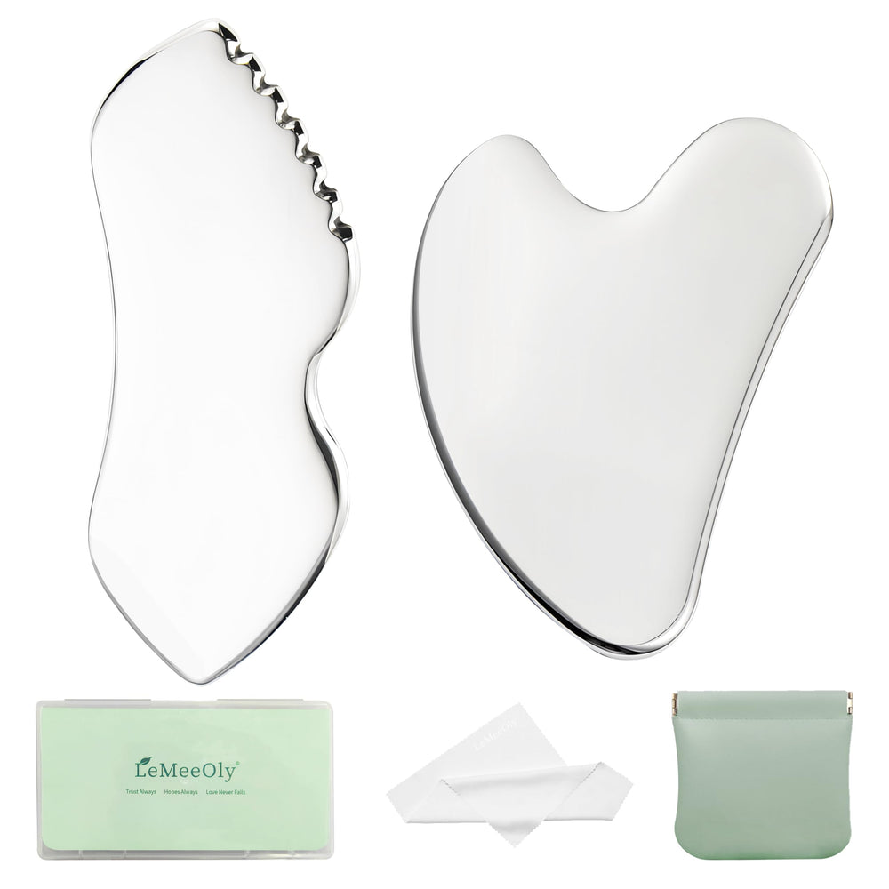 LeMeeOly juego de 2 piezas gua sha para cara y cuello en acero inoxidable.