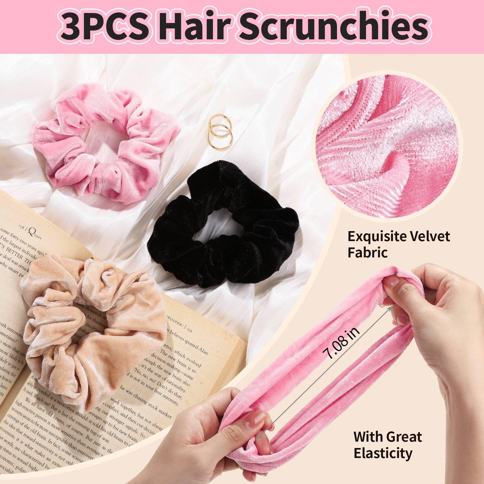 LEOBRO velvet hair scrunchies in pink hold hair gently without snagging.