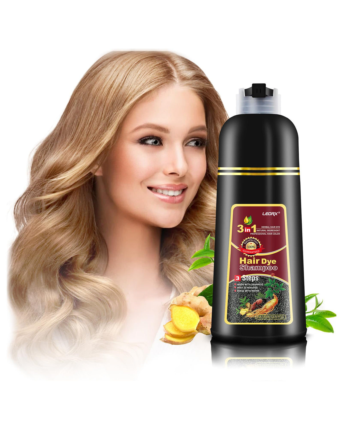 Leorx Hair Dye Shampoo bottle pour shows easy, mess-free color application