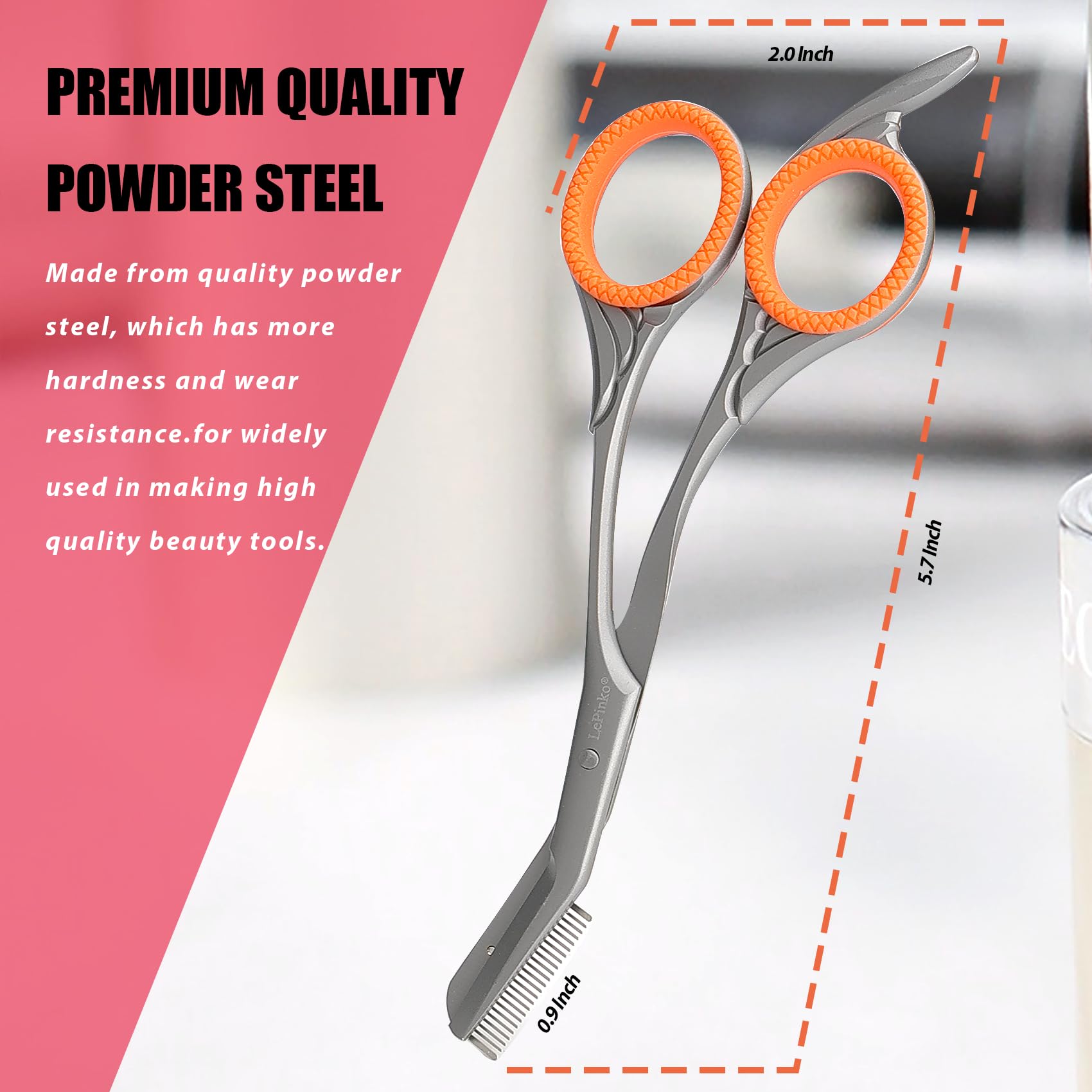 LePinko eyebrow trimming scissors ergonomic handle in closeup for comfortable grooming