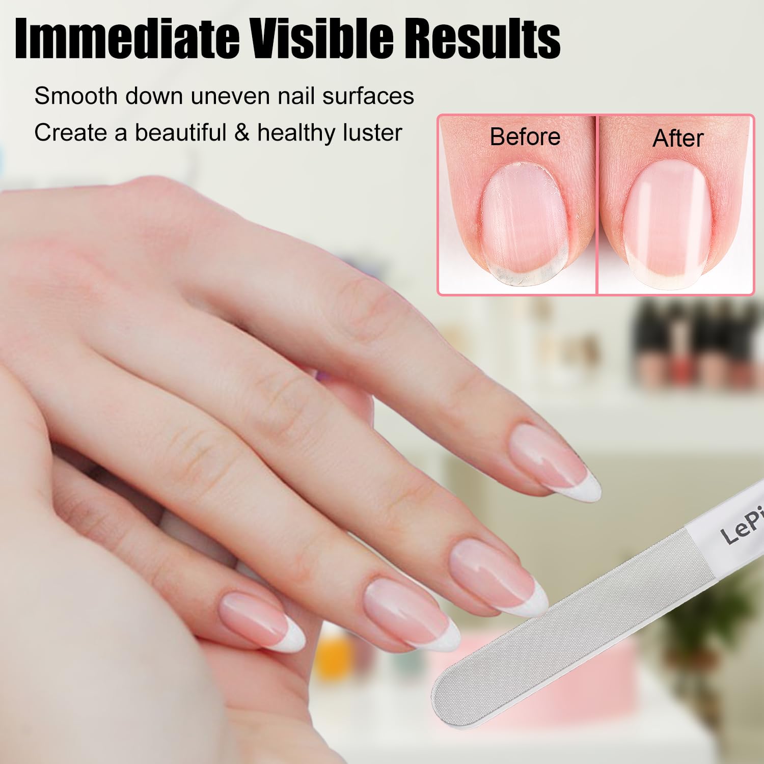 LePinko Nano Glass Nail Shiner Kit in use, shaping natural nails gently