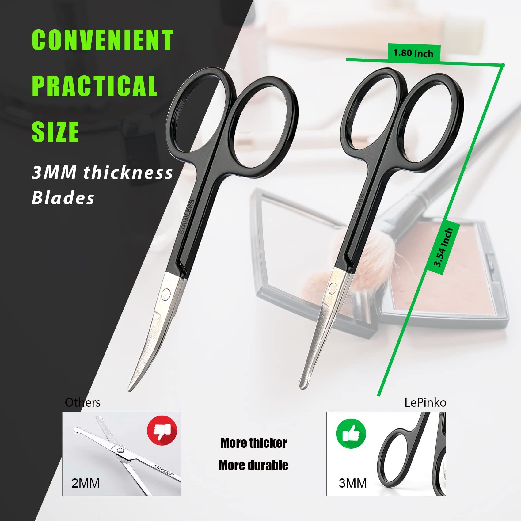 LePinko rounded-tip trimming scissors offer gentle control for delicate areas