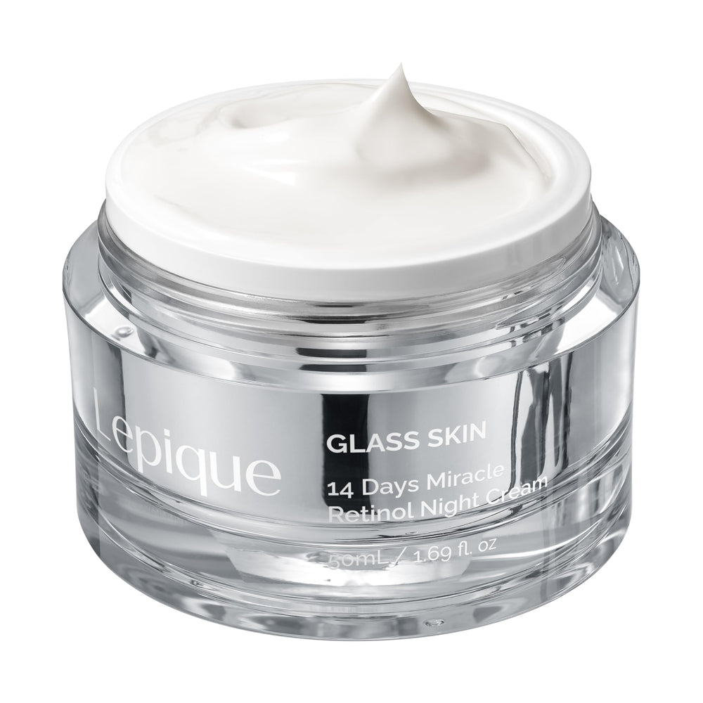 Lepique Retinol Night Cream bottle on nightstand promotes overnight firming and hydration.