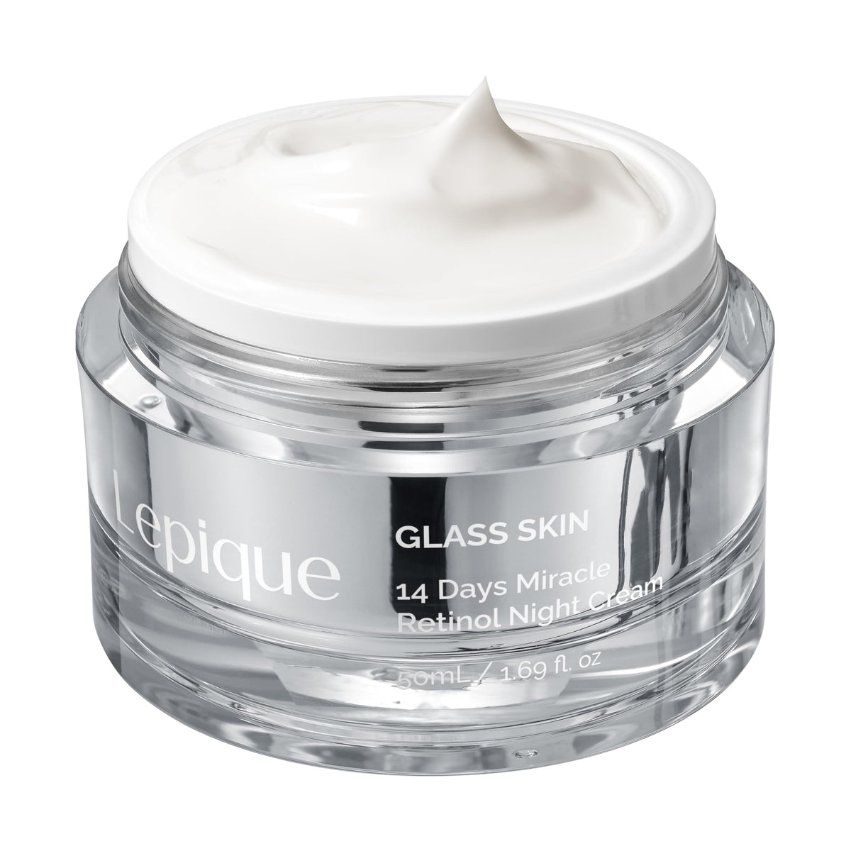 Lepique Retinol Night Cream bottle on nightstand promotes overnight firming and hydration.