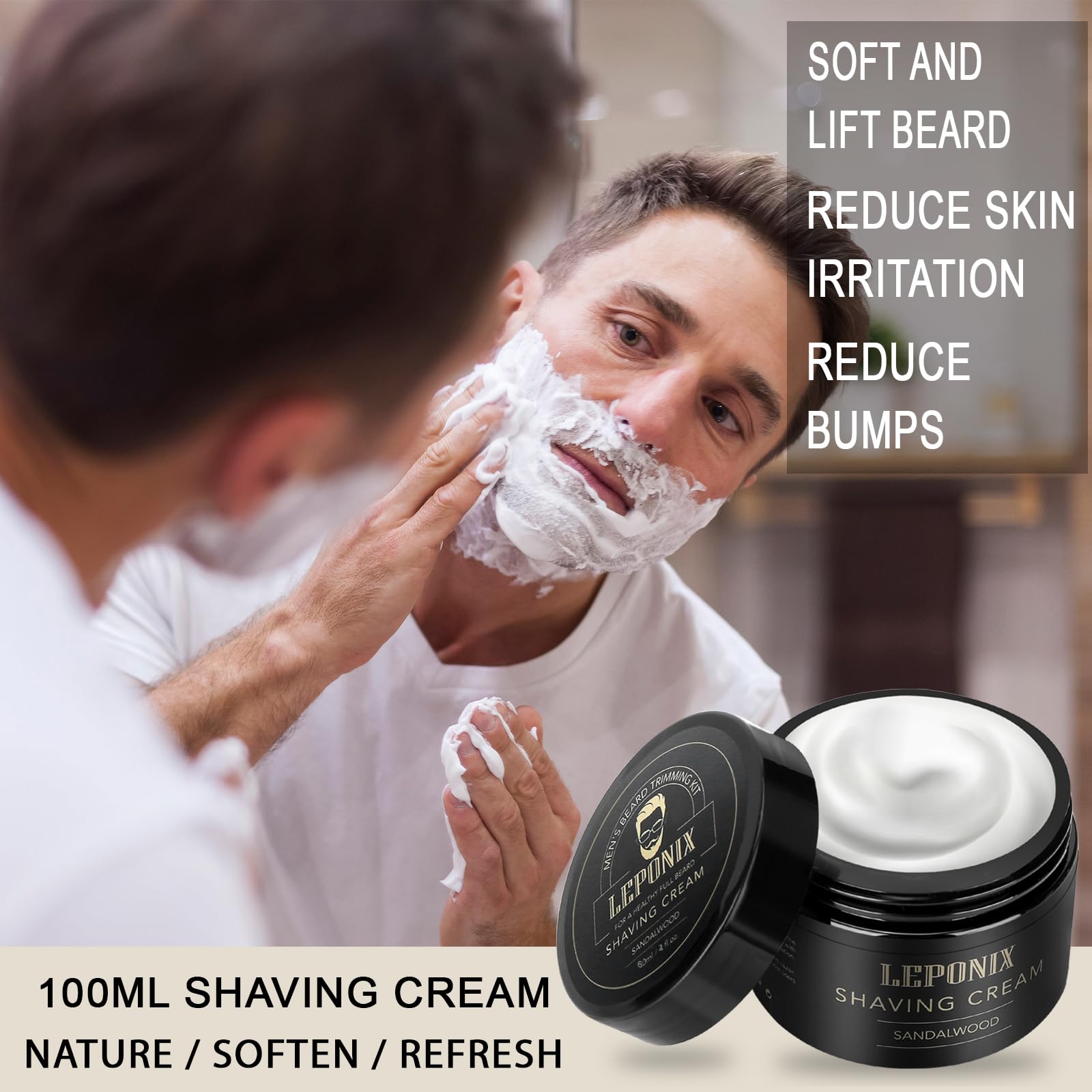LEPONIX shaving bowl in stainless steel ensures quick, rich lather.