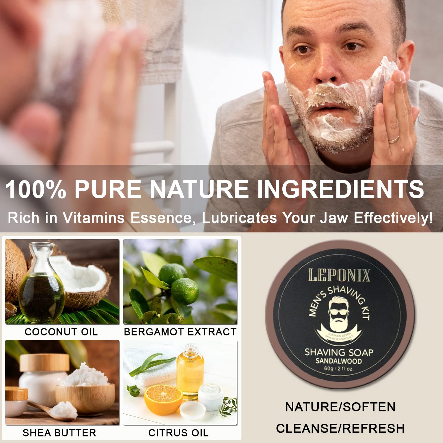 LEPONIX shaving cream sandalwood creates a creamy, long-lasting slick for easy shave.