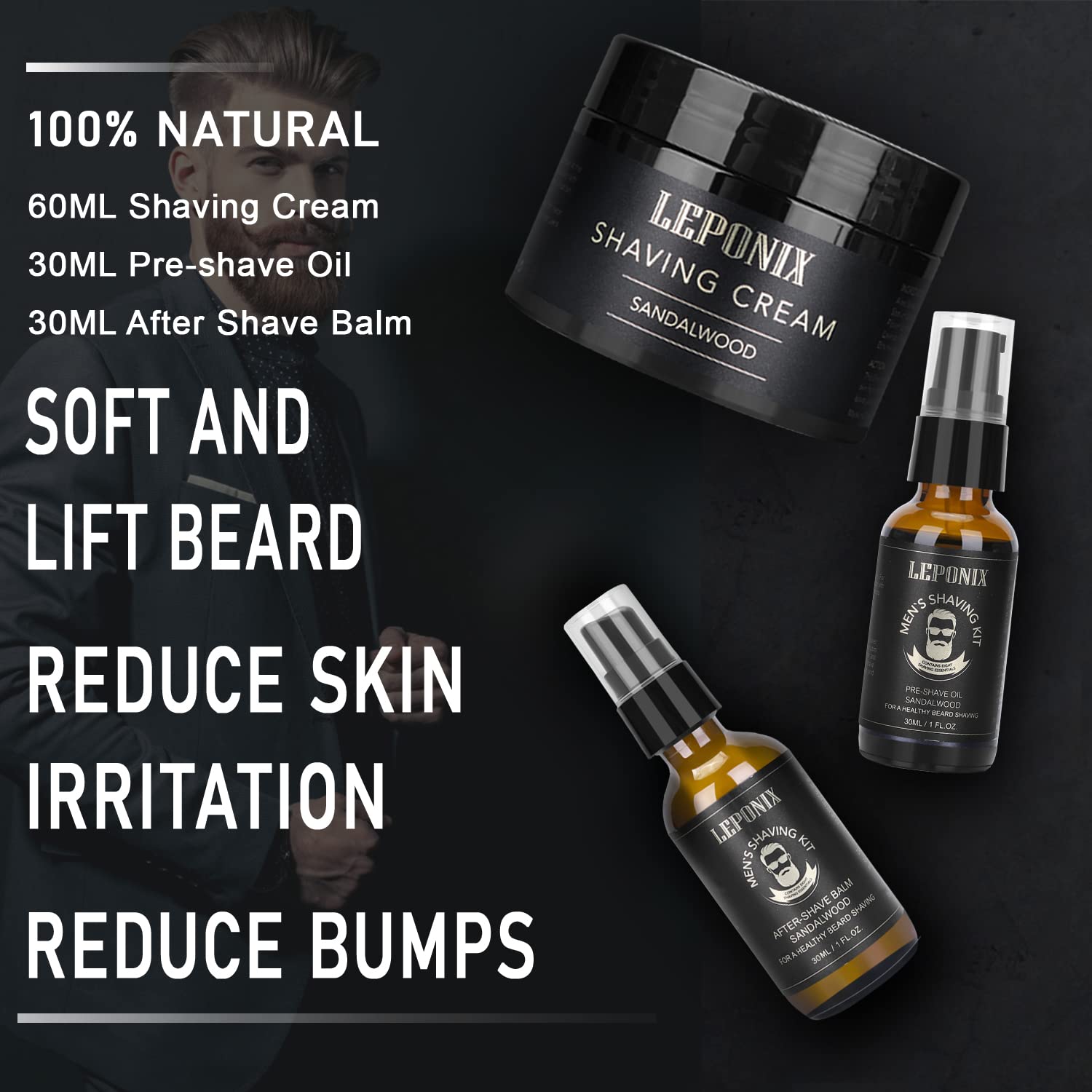 LEPONIX sandalwood pre shave oil bottle softens hair before shave