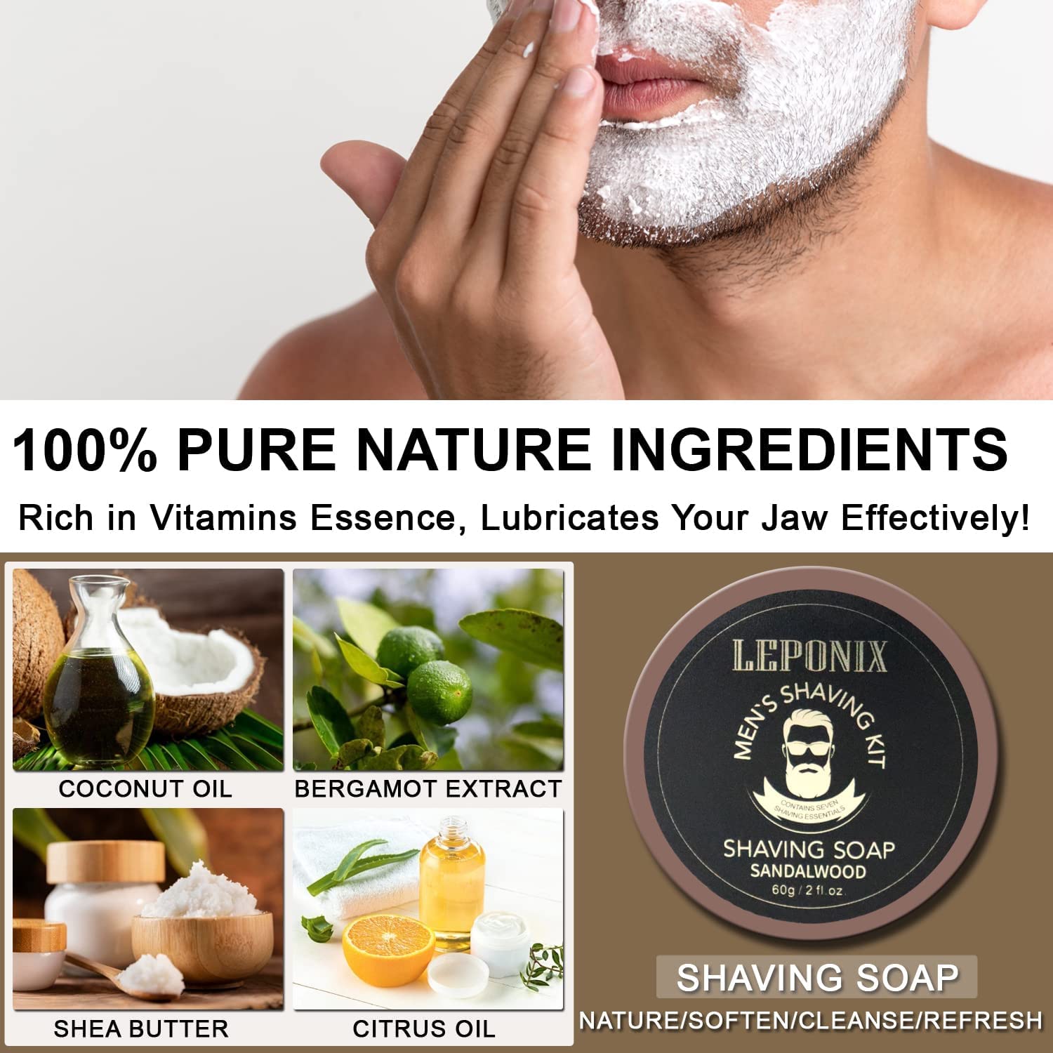 LEPONIX sandalwood shaving soap provides rich lather for smooth glide